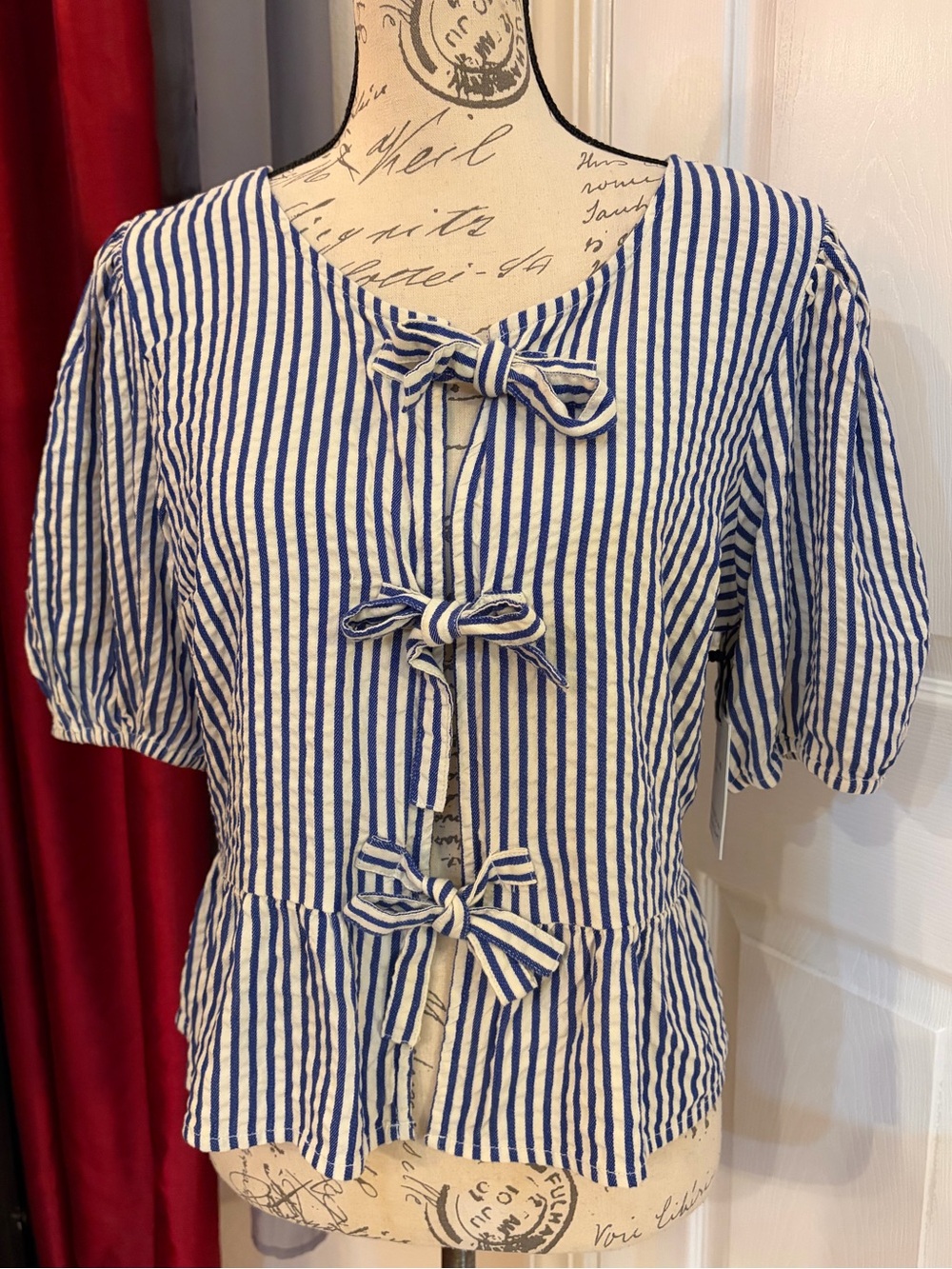 Japna Blue and White Striped Bow-Front Peplum Top